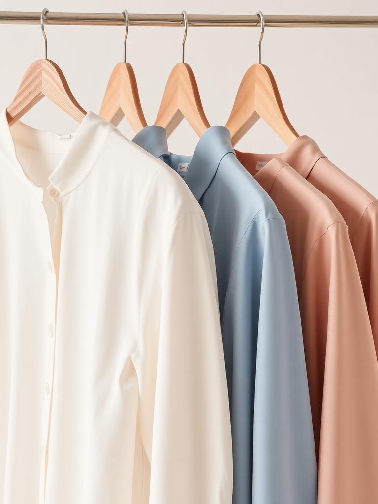 Chemises sur portant, tons blanc, bleu ciel et rose poudré – Vêtements Lavaud