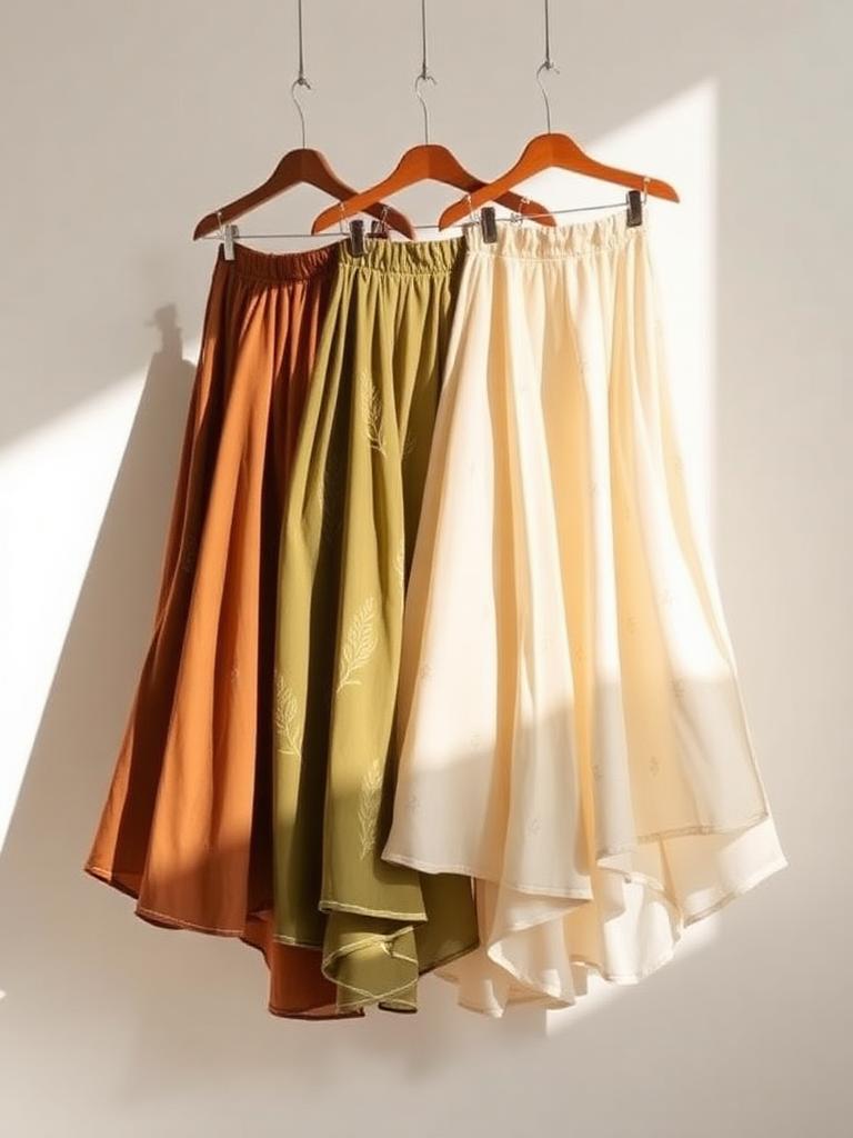 Jupes longues satinées, tons orange, vert olive et écru – Vêtements Lavaud