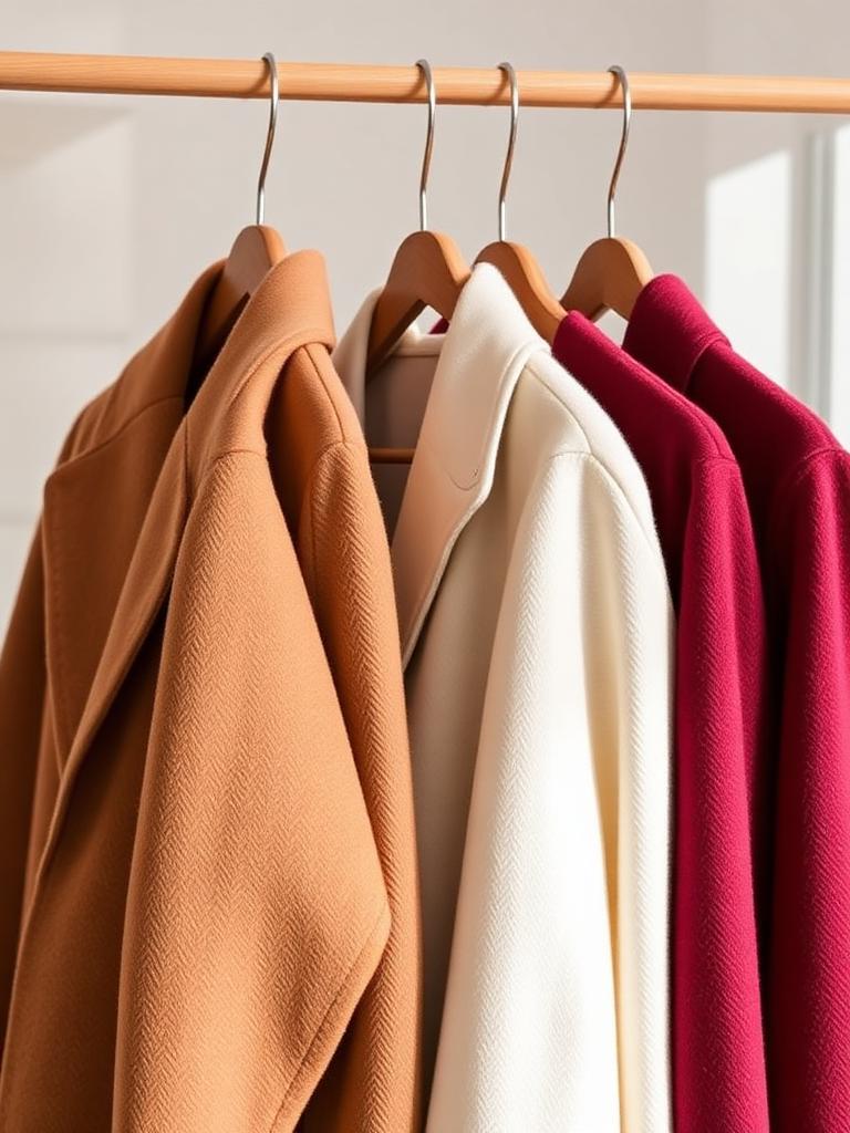 Manteaux femme sur portant, tons camel, écru et bordeaux – Vêtements Lavaud